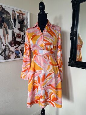 Vintage Long Sleeve Dress in Orange, Pink and Sky blue geometric print